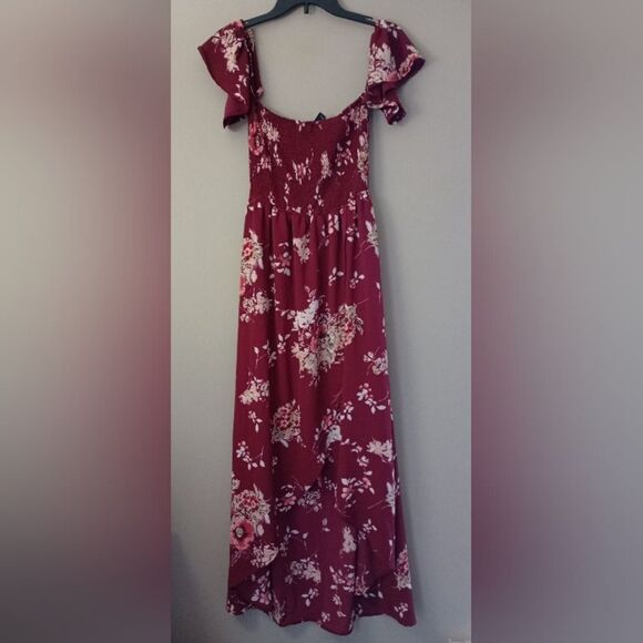Rue21 Dresses & Skirts - Rue21 Burgundy Floral Hi Low Off Shoulder Dress Size Medium
